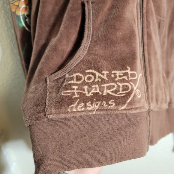y2k Ed Hardy Tiger Rose Graphic Rhinestone Full Zip Velour Hoodie sz XL Brown - Picture 5 of 14